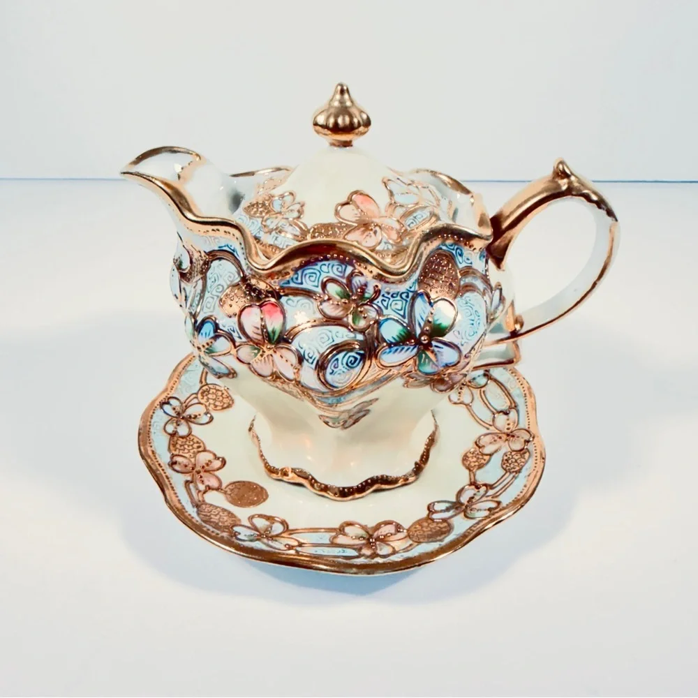 Antique Nippon Syrup Jug & Plate Hand Painted Blue Gold Moriage Flower‎ Signed